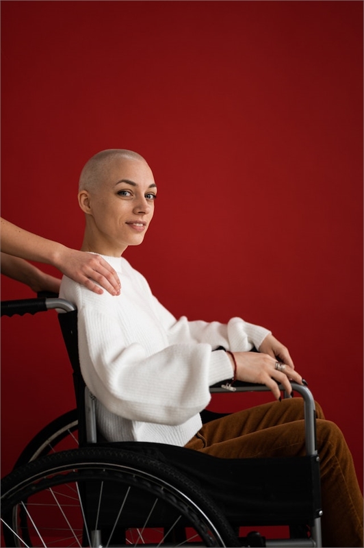 A cancer patient in a wheelchair.